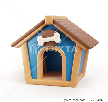 Dog house or pet box 3d render. Wood kennel hut for puppy. Cute blue doghouse with wooden roof, arched entrance and bone for backyard and animal shelter. Cartoon isolated render icon. 3D illustration Dog house or pet box 3d render. Wood kennel hut for puppy. Cute blue doghouse with wooden roof, arched entrance and bone for backyard and animal shelter. Cartoon isolated render icon. 3D illustration 122256923
