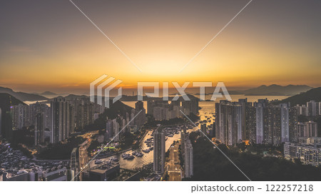 Modern Cityscape Overlooking Marina at Sunset With Urban, HK Jan 12 2021 122257218