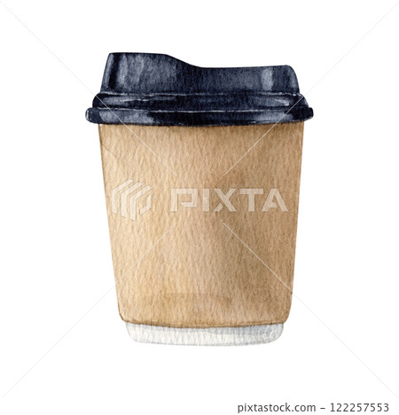 Watercolor illustration of a takeaway coffee in paper cup with a black lid on white background 122257553