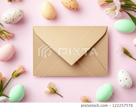 Blank Easter greeting card with pastel eggs and flowers on light background for holiday celebration Blank Easter greeting card with pastel eggs and flowers on light background for holiday celebration 122257578