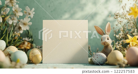 Blank Easter card with textured surface surrounded by bunny and eggs for seasonal greetings 122257583