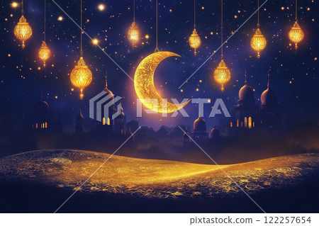 Golden Crescent Moon and Lanterns in a Starry Night Sky 122257654