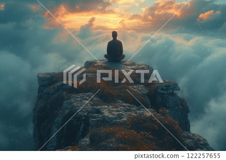Man meditating on a rocky cliff with vibrant sunset sky Man meditating on a rocky cliff with vibrant sunset sky 122257655