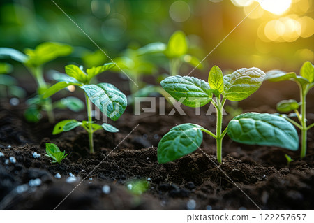 Rows of Healthy Seedlings Growing in Soil 122257657