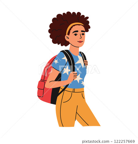 High school student with backpack. Girl with curly hair going to high school. Education concept. Hand drawn style 122257669