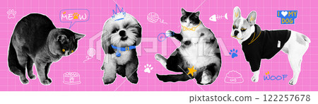 Trendy halftone collage cats and dog in different poses with doodle elements. Grunge punk collection. Trendy halftone collage cats and dog in different poses with doodle elements. Grunge punk collection. 122257678