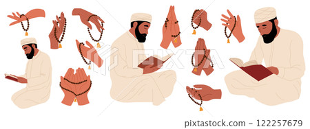 Set of Muslim men praying and hands with rosary beads. Ramadan Celebration. Traditional Islamic holiday 122257679