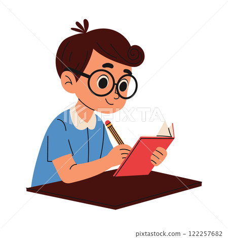 Happy kid read book and do homework. Knowledge concept. Hand drawn style Happy kid read book and do homework. Knowledge concept. Hand drawn style 122257682