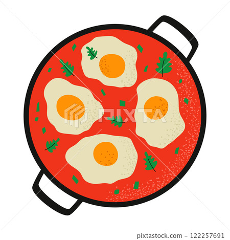 Shakshuk in frying pan. Traditional Middle Eastern food. Hand drawn vector illustration. Shakshuk in frying pan. Traditional Middle Eastern food. Hand drawn vector illustration. 122257691