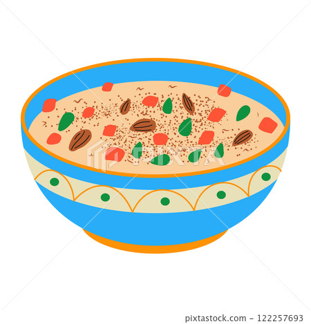 Ashure with pomegranate and nuts. Traditional Turkish dessert. Vector hand drawn illustration Ashure with pomegranate and nuts. Traditional Turkish dessert. Vector hand drawn illustration 122257693