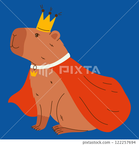 Cute capybara character. Funny rodent in king costume with robe and crown. Hand drawn vector illustration. 122257694