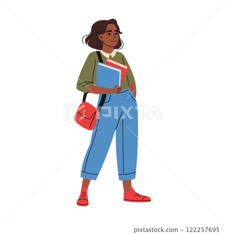 Young girl with bag holds books. Education concept. Hand drawn style Young girl with bag holds books. Education concept. Hand drawn style 122257695