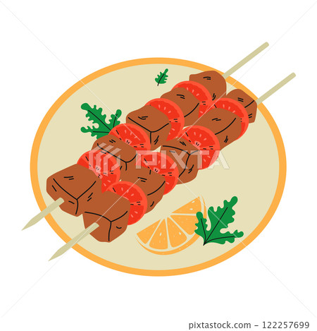 Grilled shish tawook kebab on skewers. Traditional Middle Eastern food. Hand drawn vector illustration. Grilled shish tawook kebab on skewers. Traditional Middle Eastern food. Hand drawn vector illustration. 122257699