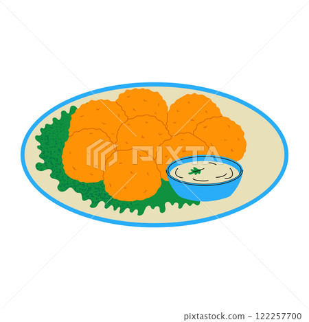 Fried carrot balls with salad and sauce. Traditional Middle Eastern food. Vector hand drawn illustration. 122257700