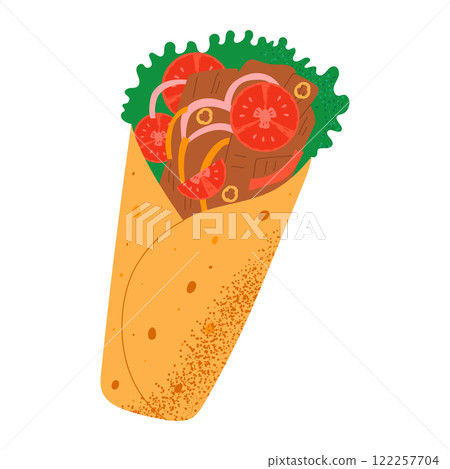 Doner kebab. Turkish and Arabic fast food with lettuce, chicken, tomato, onion, pepper. Hand drawn vector illustration. Doner kebab. Turkish and Arabic fast food with lettuce, chicken, tomato, onion, pepper. Hand drawn vector illustration. 122257704