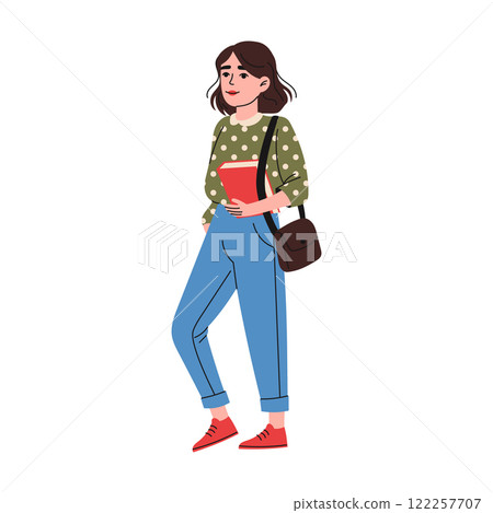 High school girl with bag holding books. Education concept. Hand drawn style 122257707
