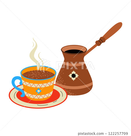 Turkish coffee with cezve. Traditional hot drink. Hand drawn vector illustration. 122257709