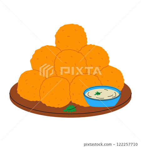 Fried carrot balls with sauce on wooden board. Traditional Middle Eastern food. Vector hand drawn illustration. Fried carrot balls with sauce on wooden board. Traditional Middle Eastern food. Vector hand drawn illustration. 122257710