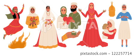 Set of people during traditional Muslim holidays. Muslim bride, Mother's day, women's day, Novruz festival, henna night, Eid al Fitr Mubarak celebration, Eid al-Adha, Valentine's day Set of people during traditional Muslim holidays. Muslim bride, Mother's day, women's day, Novruz festival, henna night, Eid al Fitr Mubarak celebration, Eid al-Adha, Valentine's day 122257714
