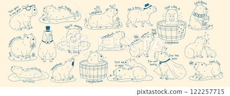 Cute capybara set with text. Set of exotic rodents swimming in pond, relaxing, eating leaves, walking. Crayon texture. Hand drawn vector illustration. 122257715