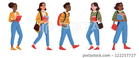 Set of young students with backpacks and books. Education concept. Hand drawn style 122257717