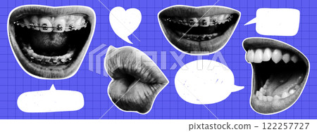 Halftone mouth and lips set with speech bubbles. Y2K style. Modern vector illustration. Halftone mouth and lips set with speech bubbles. Y2K style. Modern vector illustration. 122257727