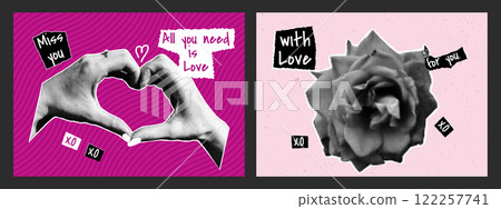 Collage halftone Valentine's Day banners. Rose, hands in shape of heart. Trendy vector illustration. 122257741