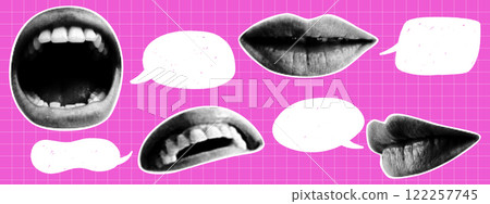 Set of retro style paper cut halftone mouth and lips with speech bubbles. Y2K collage design. Set of retro style paper cut halftone mouth and lips with speech bubbles. Y2K collage design. 122257745