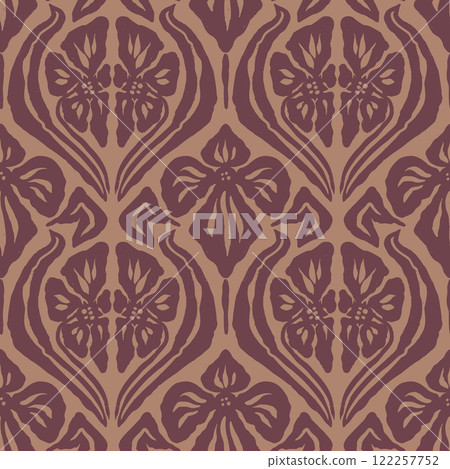 Inky brush strokes brown flowers seamless pattern damask style 122257752