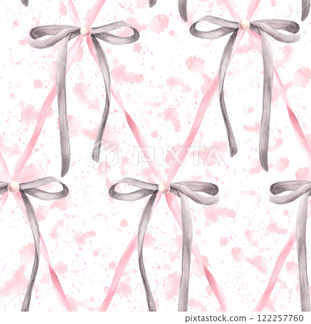 Grey Bows seamless pattern on watercolor spotted splashes rose background. Cute pink pearl hair ribbon, Girl coquette fabric in diamond lattice design. Girly style. Hand drawn illustration Isolated. Grey Bows seamless pattern on watercolor spotted splashes rose background. Cute pink pearl hair ribbon, Girl coquette fabric in diamond lattice design. Girly style. Hand drawn illustration Isolated. 122257760
