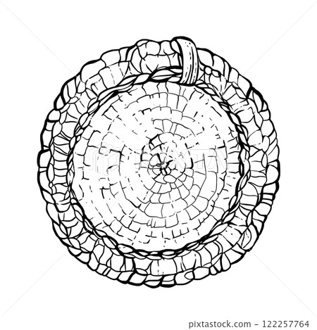 Knitted basket. Hobby knitting handmade element for yarn skeins, macrame. Vector black line art hand drawing illustration isolated from background clipart for handicraft product logo, sticker, label. Knitted basket. Hobby knitting handmade element for yarn skeins, macrame. Vector black line art hand drawing illustration isolated from background clipart for handicraft product logo, sticker, label. 122257764