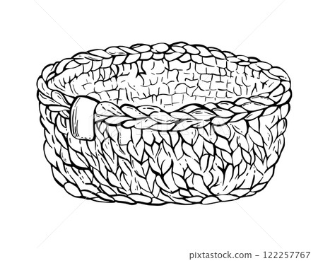 Knitted basket.Vector black line art hand drawing illustration. Hobby knitting handmade element for yarn skeins, macrame. Isolated from background clipart for handicraft product logo, sticker, label. 122257767