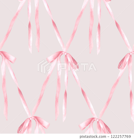 Pink silk bow seamless pattern. Watercolor cute hair ribbon, Girl coquette style fabric in diamond lattice design. Girly product packaging. Hand drawn illustration Isolated pastel coloured background Pink silk bow seamless pattern. Watercolor cute hair ribbon, Girl coquette style fabric in diamond lattice design. Girly product packaging. Hand drawn illustration Isolated pastel coloured background 122257769