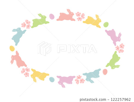 Simple Easter frame: pastel colored Easter eggs, rabbits and cherry blossoms Simple Easter frame: pastel colored Easter eggs, rabbits and cherry blossoms 122257962