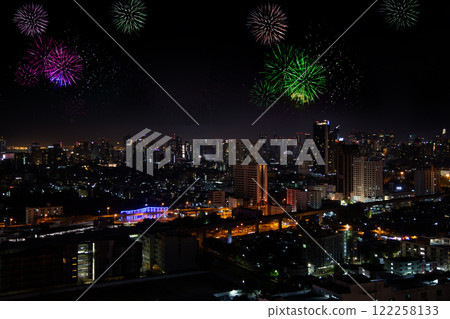 Bangkok Thailand skyline with fireworks over city at twilight Bangkok Thailand skyline with fireworks over city at twilight 122258133