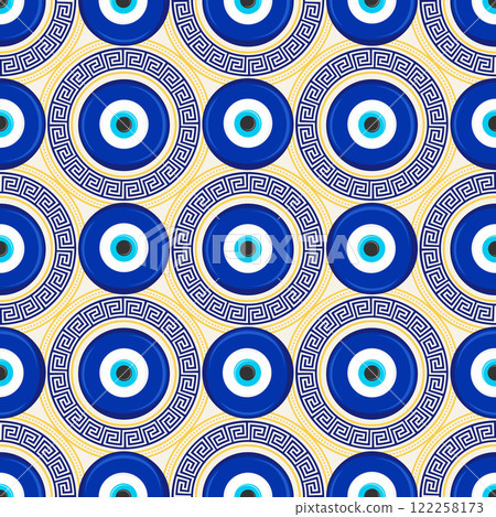 Evil eye seamless pattern. Turkish blue bead with meander. Greek vector magic background with ethnic nazar symbol of protection and luck. Traditional ornament with energy amulet and spiritual talisman Evil eye seamless pattern. Turkish blue bead with meander. Greek vector magic background with ethnic nazar symbol of protection and luck. Traditional ornament with energy amulet and spiritual talisman 122258173