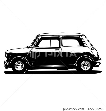 Classic Mini 2 - Classic Car, Stencil, Silhouette, Vector Clip Art for tshirt and emblem 122258256