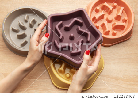 Woman holding slow feeding dog bowl, choosing the right one Woman holding slow feeding dog bowl, choosing the right one 122258468