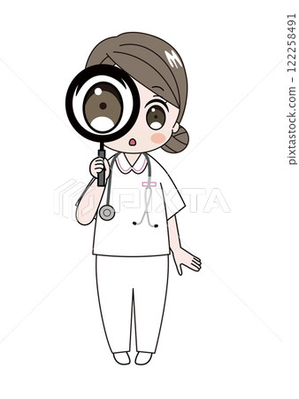 Illustration of a nurse looking closely through a magnifying glass Illustration of a nurse looking closely through a magnifying glass 122258491