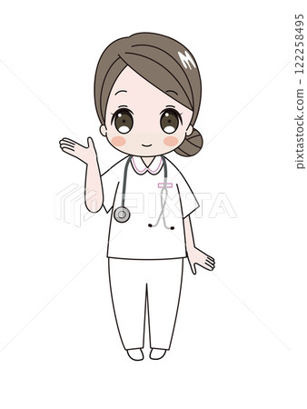 Illustration of a smiling nurse guiding with her right hand 122258495