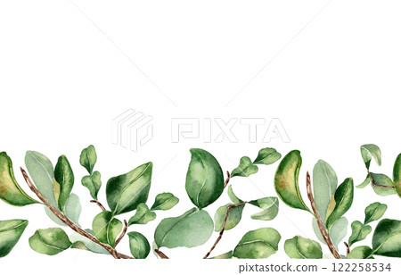 Branch of citrus tree with leaves in watercolor on seamless banner isolated. Bergamot tree greenery sprigs hand drawn on repeating border. Foliage texture for wedding invitation, packaging, label 122258534