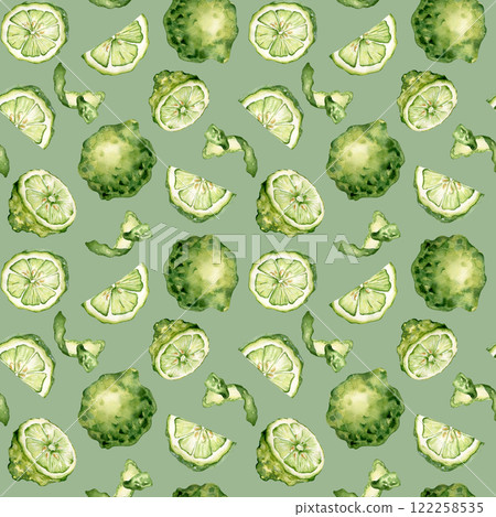 Juicy lime and bergamot pattern isolated. Green citrus fruits in a watercolor botanical style on repeated background. Seamless design for wrapping paper, fabric, wallpaper, and kitchen prints. 122258535