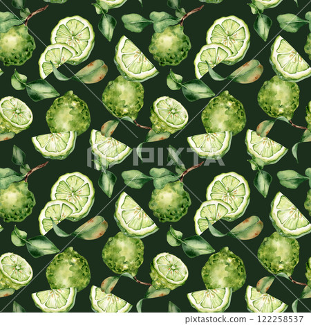 Bergamot, limes citrus seamless pattern isolated on black. Vibrant watercolor design of whole and sliced green citrus with leaves painted. Fresh organic texture for fabric, wallpaper, kitchen decor 122258537