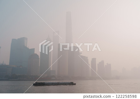 bad Air Pollution in Shanghai City, China. Skyscraper of Lujiazui in Pudong, view from The Bund in the morning. Air Quality Index, AQI, Unhealthy, healthcare concept 122258598