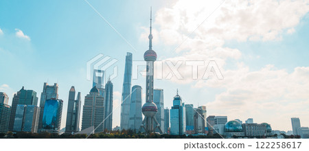 Cityscape view of Shanghai city in the morning. Skyscraper of Lujiazui in Pudong, view from The north Bund of Shanghai, China. landmark and popular for tourism attractions. Travel and Vacation concept 122258617