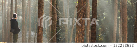 travel and people activity concept with asian man hiking in tropical forest with pine tree on mountain 122258658