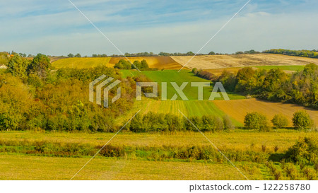 Agricultural fields with young green shoots of grain crops and plowed field without sowing. With trees in the background on the hills. Fallow concept. Alternation. 122258780