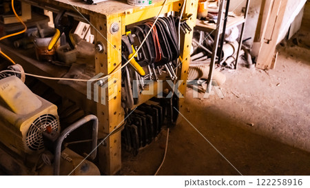 Wall with various carpentry tools. Wall with various carpentry tools. 122258916