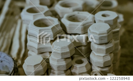 carving element. furniture in classic style. white color wood with gold trim. patina. carving. small depth of field. luxury furniture. use as background. 122258948