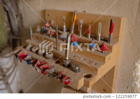 Wall with various carpentry tools. Wall with various carpentry tools. 122259077